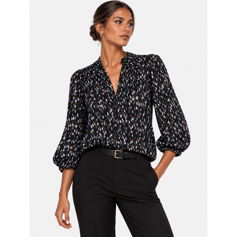 Nordstrom Geometric Diamond Print V-Neck Balloon Sleeve Blouse Black XS NWOT